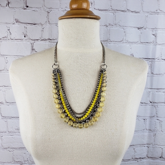 Loft Multi Strand Mixed Media Necklace Beads Rhinestones Chains Silver Yellow - Picture 4 of 11